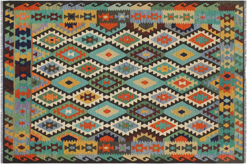Flat Weave Kilim, Antique, Navaho, Vintage, Handmade, Geometric Kilim Blue Brown Hand-Woven Rectangle 100% Wool Area Rug 6 x 8